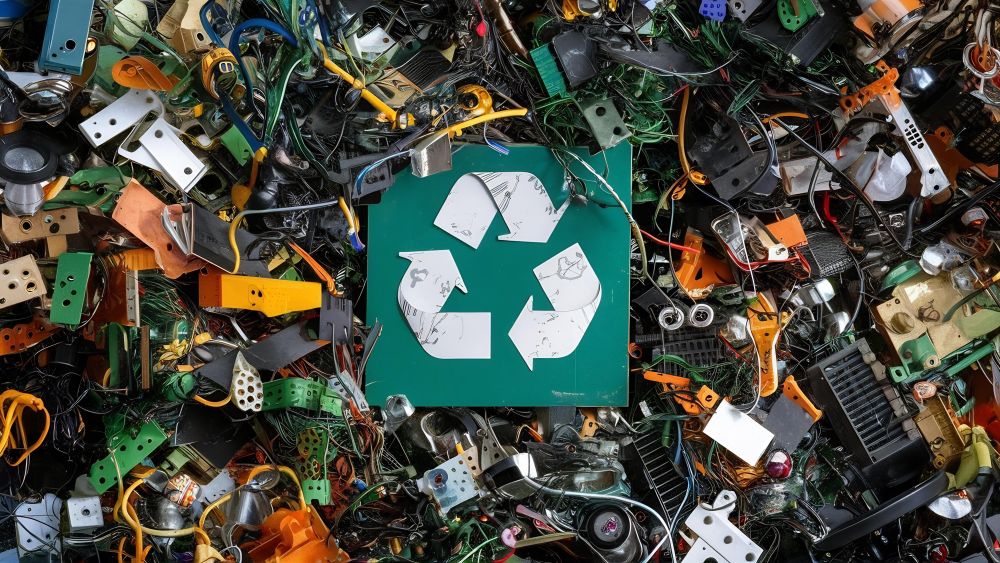 A pile of assorted electronic waste surrounds a green ewaste recycling symbol displayed in the center.