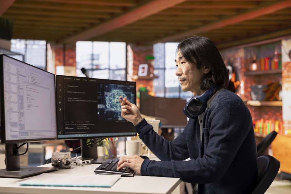 A person with long hair and headphones around their neck is working at a desk with two monitors displaying code and diagrams, reflecting AI adoption support for Singapore SMEs looking to modernise operations in a modern office setting.