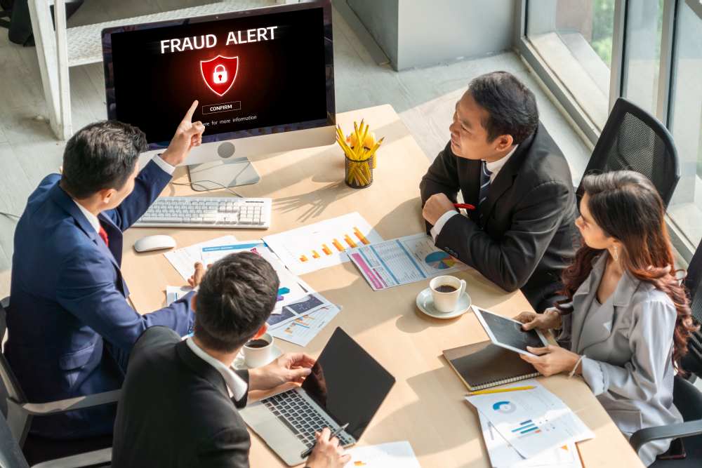 Four professionals sit at a conference table with documents and devices, as one points to a computer screen displaying a "Fraud Alert" warning—highlighting the cybersecurity grant route open to Singapore SMEs through PSG funding.