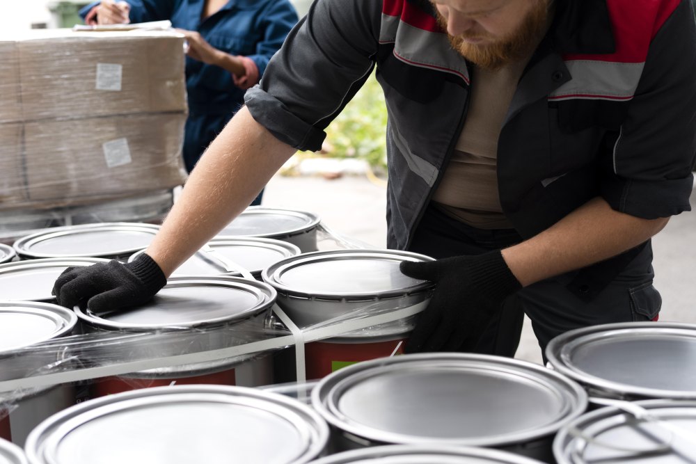 Worker in gloves handles large metal paint cans outdoors, with stacked boxes in the background.